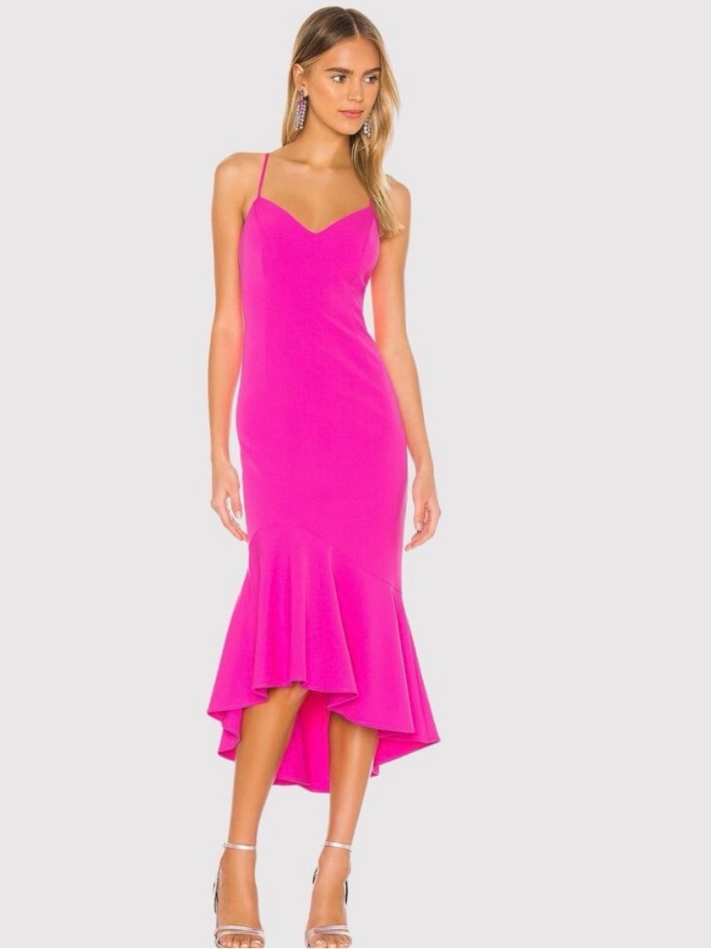 Bardot Lisandra Hot Pink Spaghetti-Strap High-Low Midi Mermaid Dress